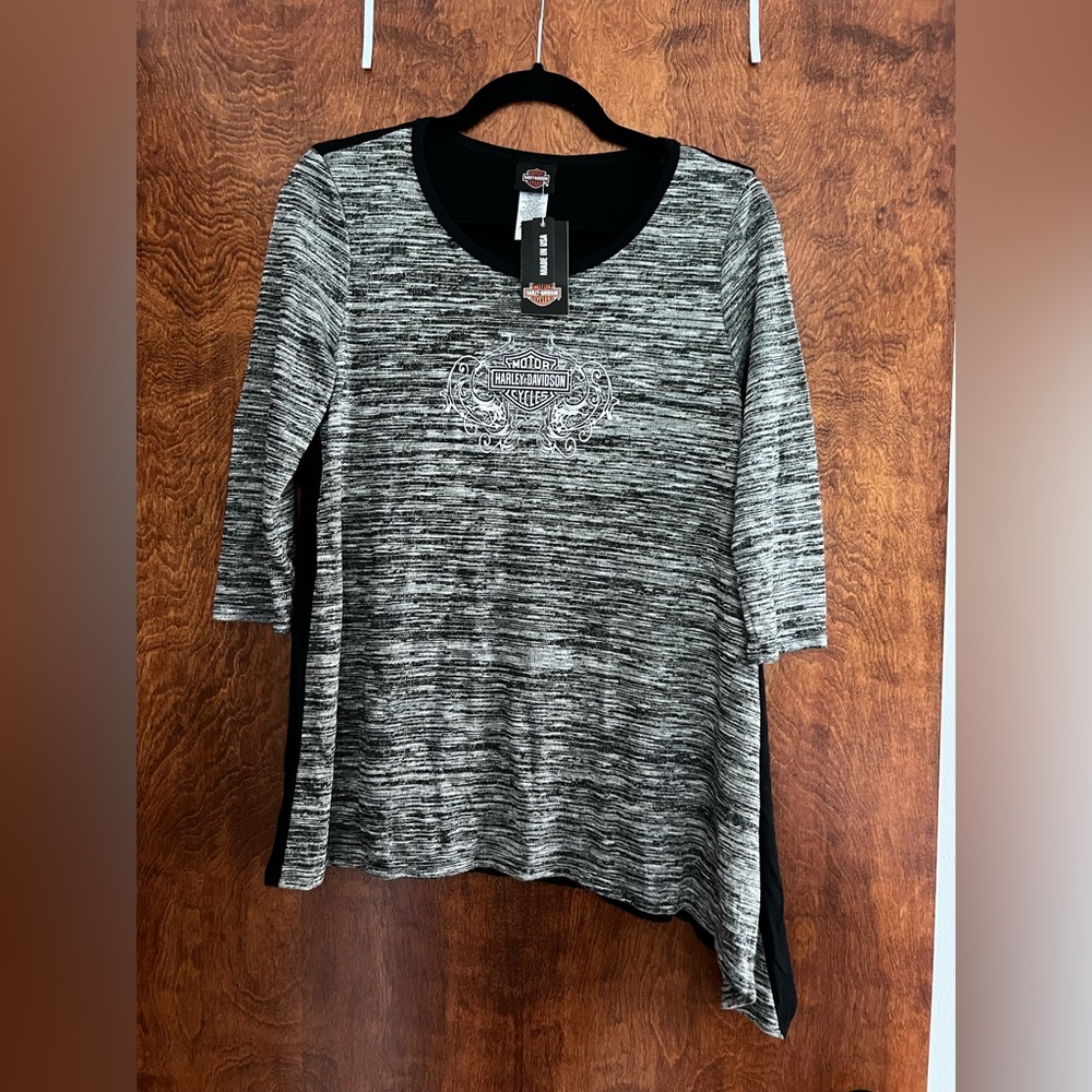 NWT Harley-Davidson Women's Heathered Black/White Asymetrical 3/4 Sleeve Tee XL